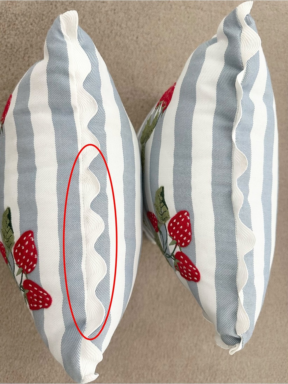 Set of 2 Strawberry Embroidered Blue & White Stripes Indoor/Outdoor Throw Pillow - Picture 10 of 17